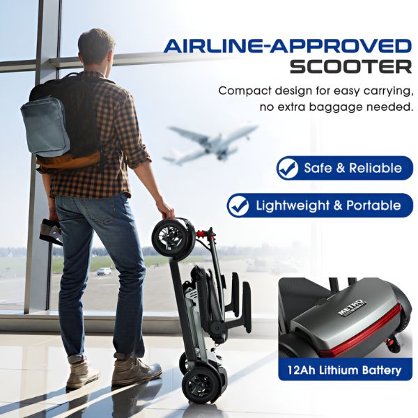 Metro Mobility Air Traveller Folding 4-Wheel Mobility Scooter is Airline Approved with Lithium Batteries