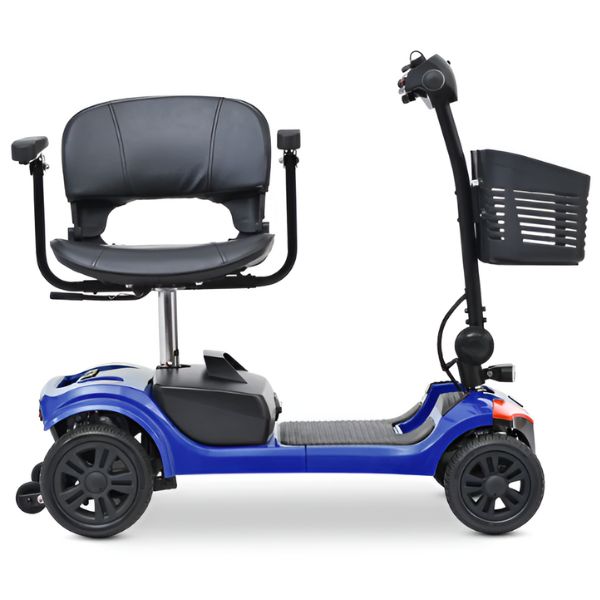 Metro Mobility Elite 4 Portable 4-Wheel Mobility Scooter in Blue Color Right Side View with the Seat  Facing Front