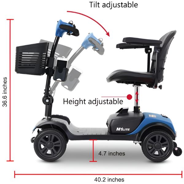 Metro Mobility M1 Lite 4-Wheel Mobility Scooter Some Features Show with its Dimensions