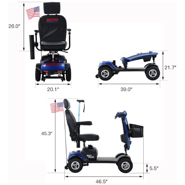 Metro Mobility Max Plus 4-Wheel Mobility Scooter in Blue Color Product Dimensions
