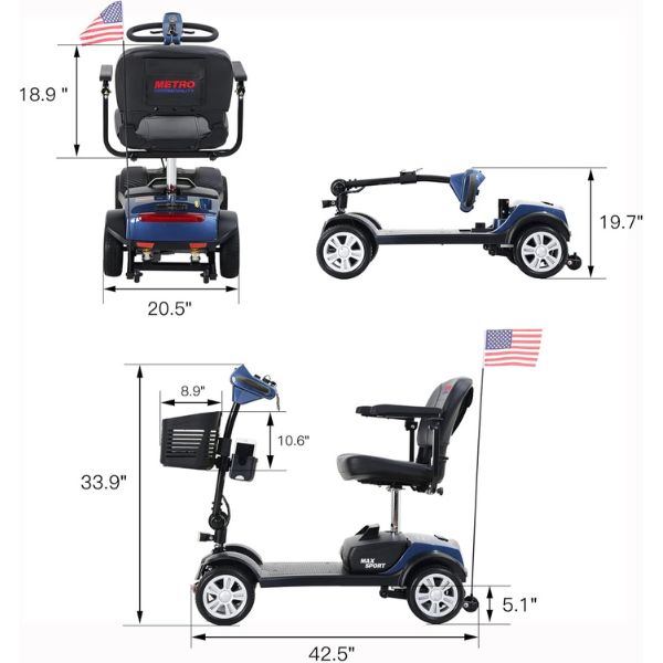 Metro Mobility Max Sport Portable 4-Wheel Mobility Scooter in Blue Color Dimensions