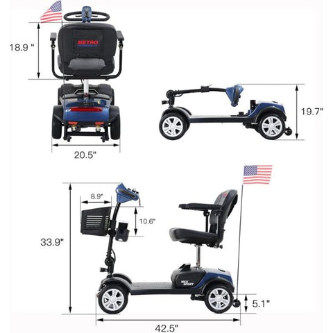 Metro Mobility Max Sport Portable 4-Wheel Mobility Scooter in Blue Color Dimensions