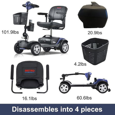 Metro Mobility Max Sport Portable 4-Wheel Mobility Scooter in Blue Color Disassembled View with Per Piece Weights
