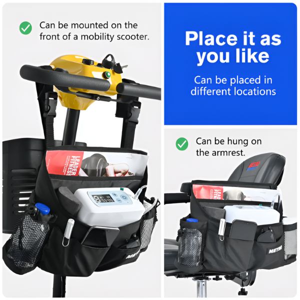 Metro Mobility Metro Shoulder Bag Showing on How to Use it on a Scooter or Power Chair