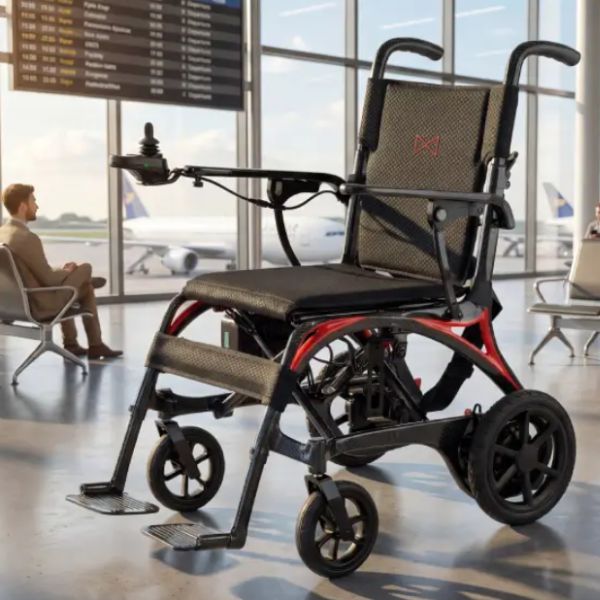 Monarch Mobility Ezi Fold Carbon Ultra-Lightweight Folding Electric Wheelchair positioned in an airport terminal with large windows, airplane arrivals board, and a seated passenger visible in the background.