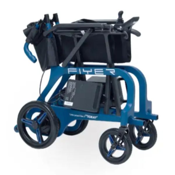Monarch Mobility Flyer Ultra-Lightweight Folding Power Chair in Folding Position