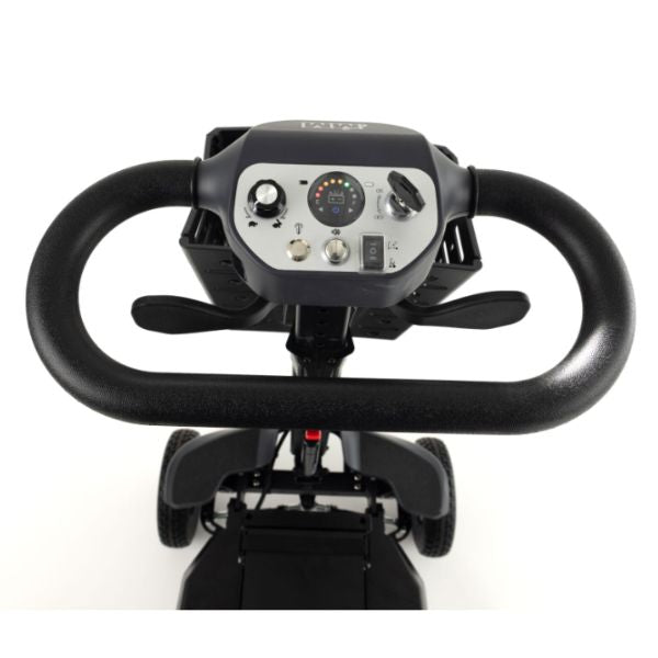 A close-up front view of a Monarch Mobility Genie Auto Folding Mobility Scooter handlebar and a central control console featuring a small display screen and various buttons.