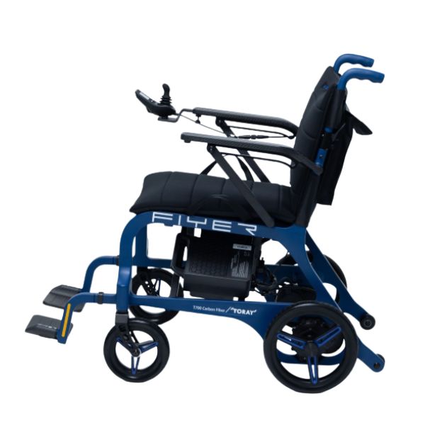 Monarch Mobility Flyer Ultra-Lightweight Folding Power Chair in Blue Left Side View