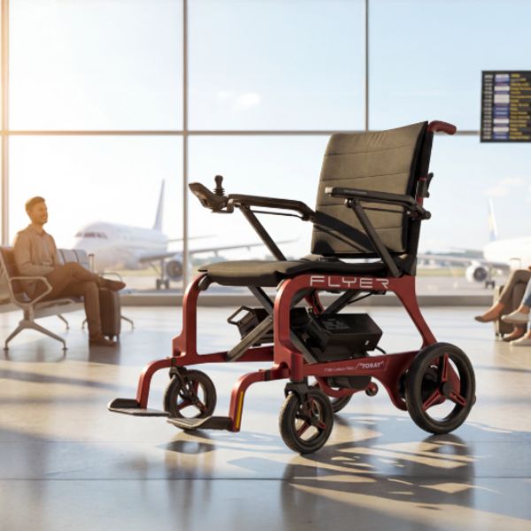 Monarch Mobility Flyer Ultra-Lightweight Folding Power Chair in Red Folding Position in Red Color at the Airport