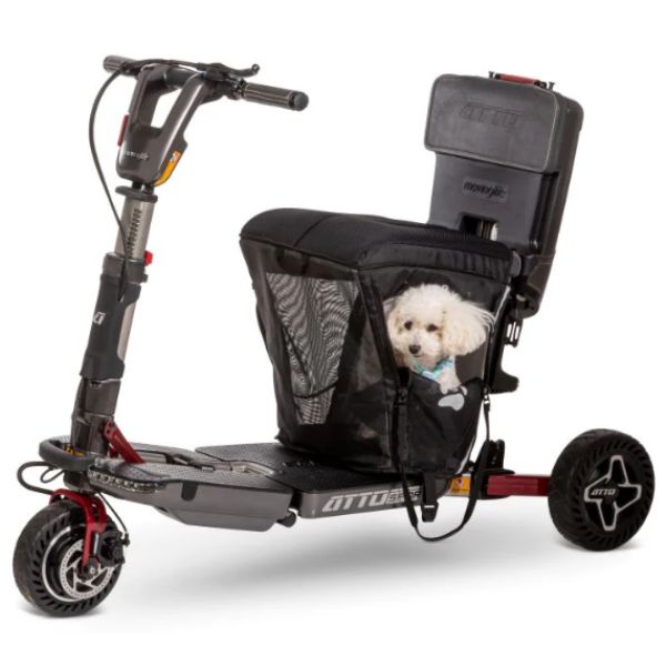 Moving Life Pet Carrier and Cushion Black Shown Being Used together with the Atto Scooter