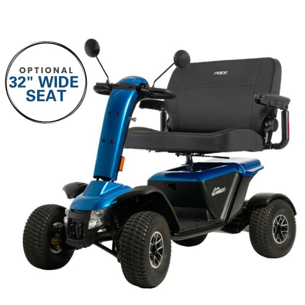 Blue Pride Baja Wrangler 2 mobility scooter with a black seat on a white background, featuring an optional wide seat label.