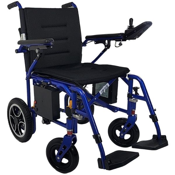 Oracle Lightweight Folding Power Wheelchair Shown in Caribbean Blue Color Frame