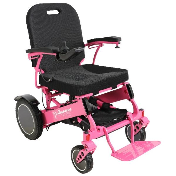 Pegasus Plus Heavy Duty Folding Electric Wheelchair Shown in Pink Frame