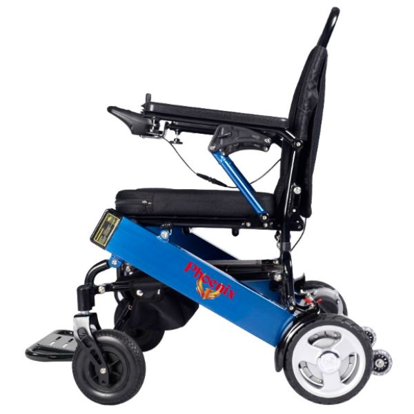 Phoenix Portable and Light Electric Wheelchair in Blue Frame Left Side View 