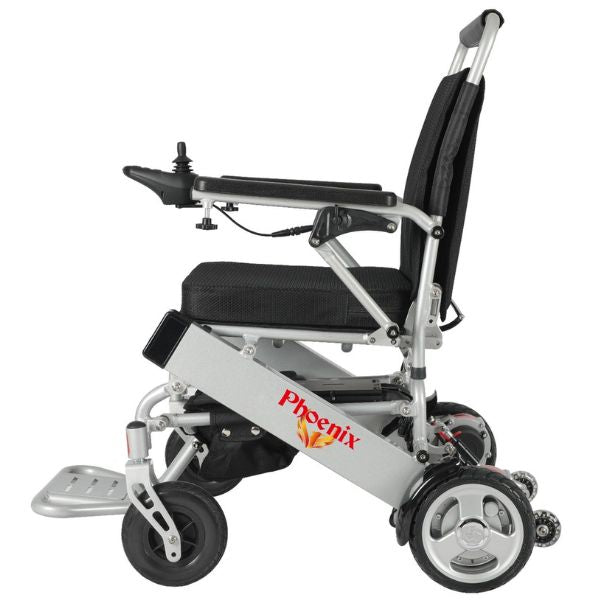 Phoenix Portable and Light Electric Wheelchair in Silver Frame Left Side View 
