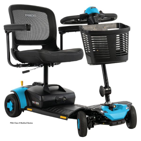 Pride Go-Go Elite Traveller Gen 3 4-Wheel Portable Mobility Scooter Robin's Egg Blue Color in Right Angle View