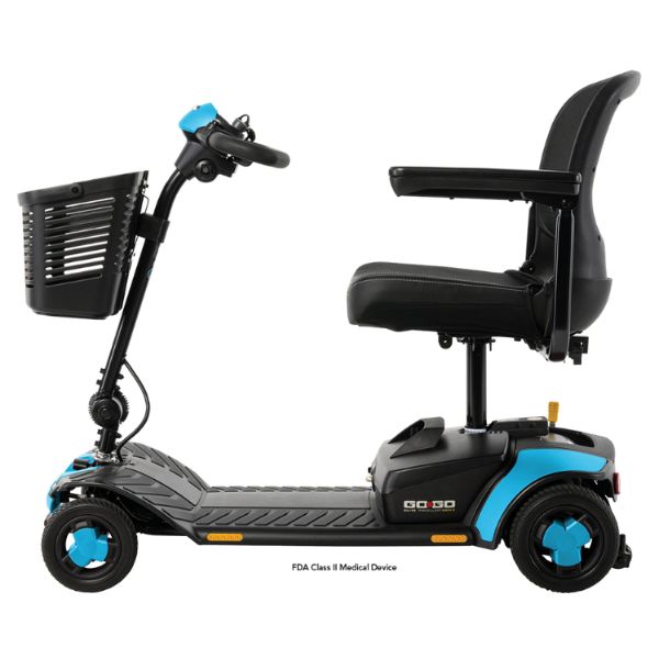 Pride Go-Go Elite Traveller Gen 3 4-Wheel Portable Mobility Scooter Robin's Egg Blue Color in Left Side View