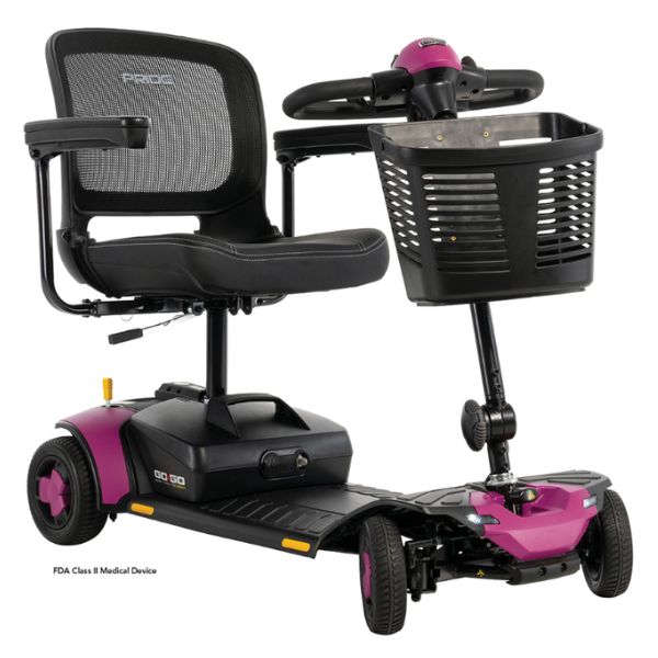 Pride Go-Go Elite Traveller Gen 3 4-Wheel Portable Mobility Scooter Sugar Plum Color in Right Angle View