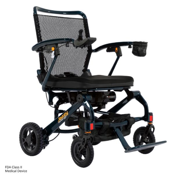 Pride Jazzy Carbon 27 Folding Power Wheelchair Blue in Right Angle View