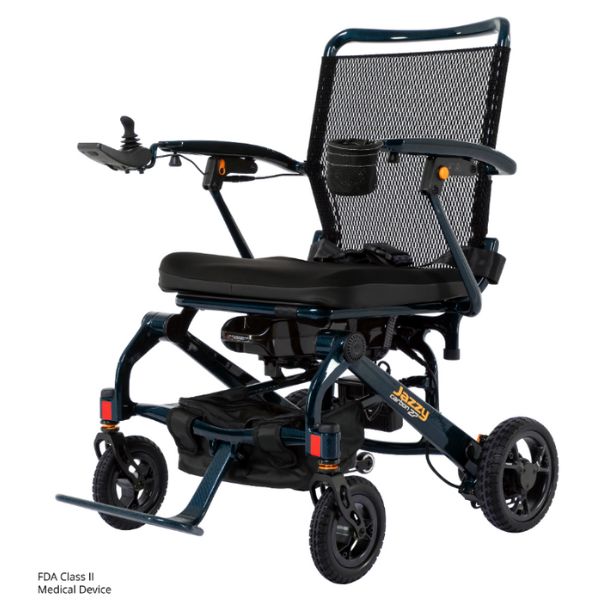 Pride Jazzy Carbon 27 Folding Power Wheelchair Blue in Left Angle View