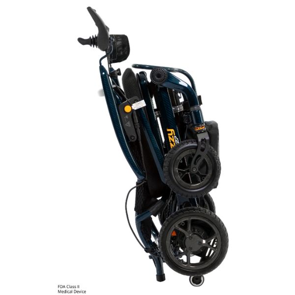 Pride Jazzy Carbon 27 Folding Power Wheelchair Blue in Folding Position