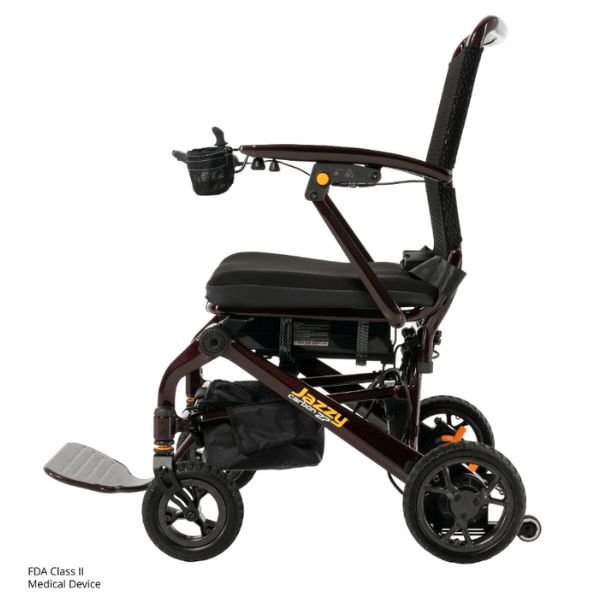 Pride Jazzy Carbon 27 Folding Power Wheelchair Cherry Black in Left Side View