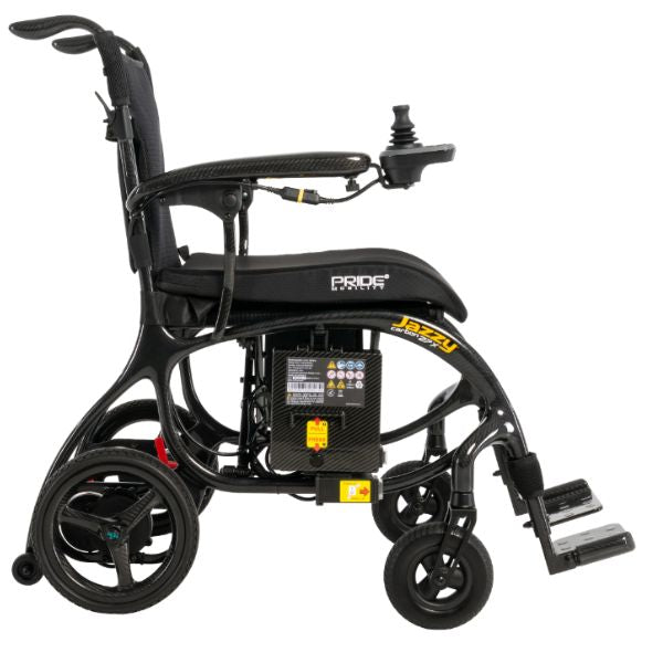 Side view of the Pride Jazzy Carbon 27X Lightweight Folding Wheelchair showing its slim folding frame.