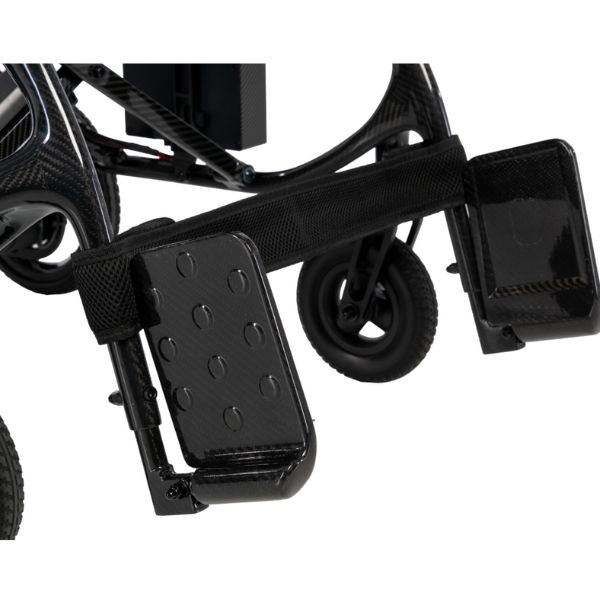 Close-up of a Pride Jazzy Carbon 27X Lightweight Folding Wheelchair mechanism on a white background