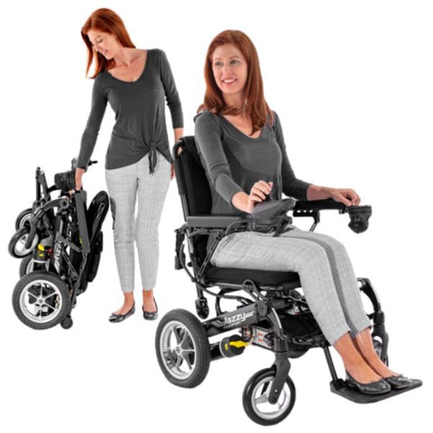 Pride Jazzy Passport Folding Power Chair Riden and folded View 