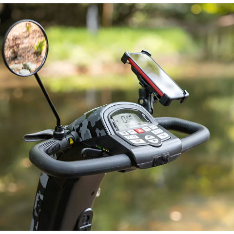 Pride Baja Wrangler 2 Heavy Duty Scooter Balck Camo Color User friendly Console with Side Mirror and Phone Holder View 