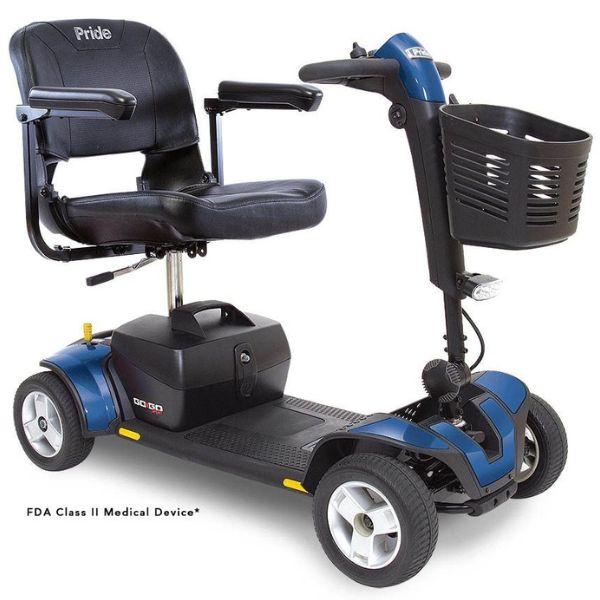 A blue Pride Go-Go Sport 4-Wheel Scooter, right view, available for purchase on Electric Wheelchairs USA website.