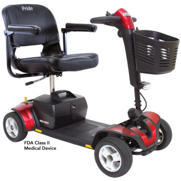 A red Pride Go-Go Sport 4-wheel scooter, right view, available for purchase on Electric Wheelchairs USA