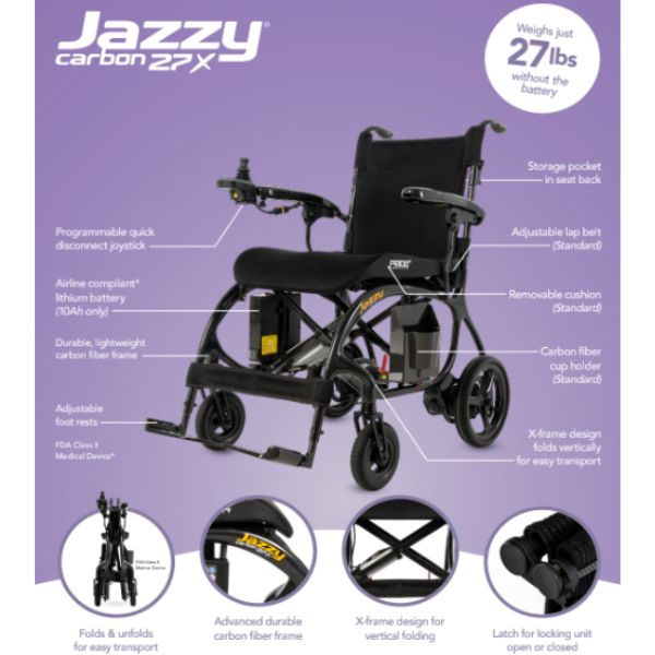 Jazzy carbon 27X wheelchair with features listed on a purple background