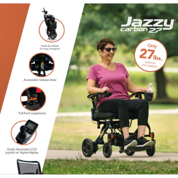 Woman using a Jazzy carbon 27 wheelchair in a park setting with product features highlighted on the left.