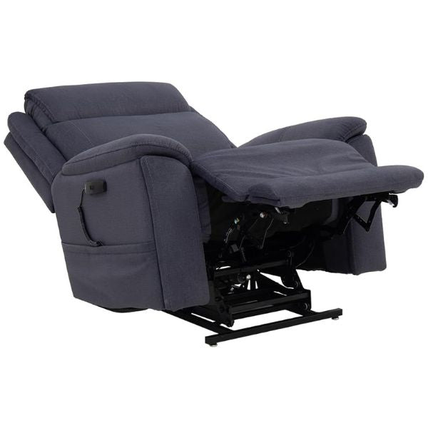 Pride Mobility Sitting Pretty Evolution 3-Position Lift Chair LC-435 In Cosi-Blue Diamond Fabric with the Leg Rest Up and Back Rest Reclined 