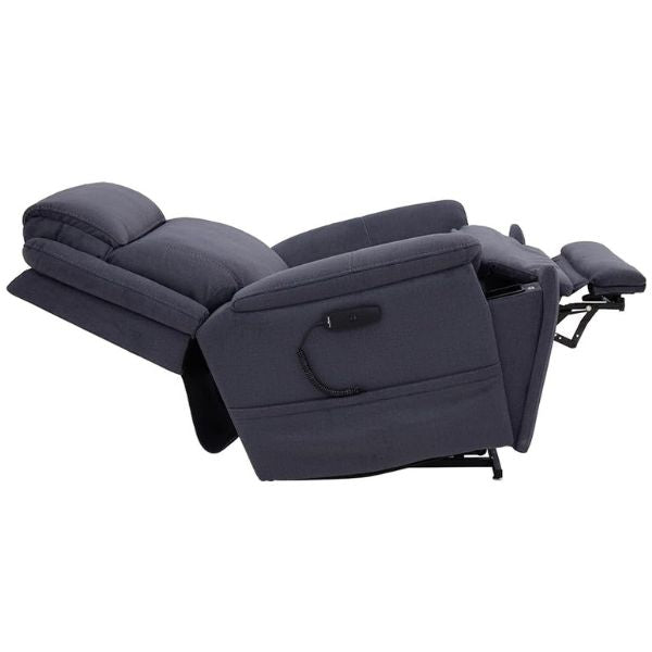Pride Mobility Sitting Pretty Evolution 3-Position Lift Chair LC-435 In Cosi-Blue Diamond Fabric with the Leg Rest Up and Back Rest Reclined  Side View 