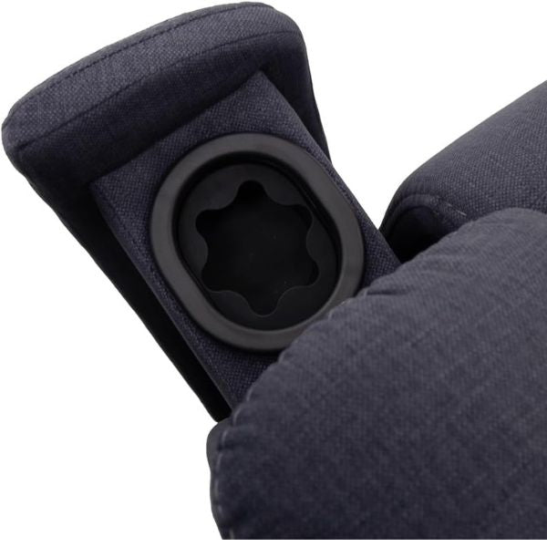 Pride Mobility Sitting Pretty Evolution 3-Position Lift Chair LC-435 In Cosi-Blue Diamond Fabric with the  Pull Out Arm Rest on the Left Side of the Chair Showing the Cup Holder