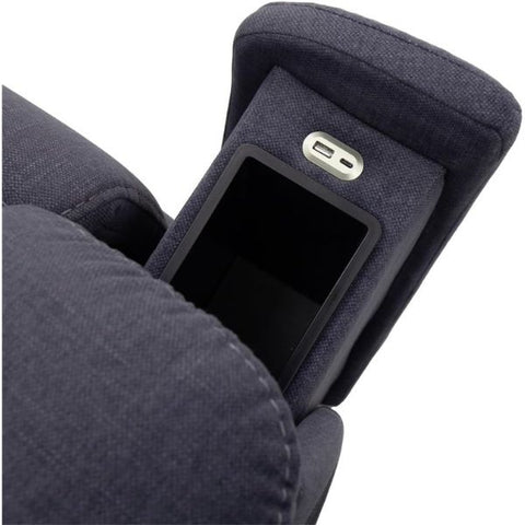 Pride Mobility Sitting Pretty Evolution 3-Position Lift Chair LC-435 In Cosi-Blue Diamond Fabric with the  Pull Out Arm Rest on the Right Side of the Chair Showing the USB Port and Storage Compartment
