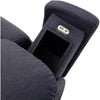 Image of Pride Mobility Sitting Pretty Evolution 3-Position Lift Chair LC-435 In Cosi-Blue Diamond Fabric with the  Pull Out Arm Rest on the Right Side of the Chair Showing the USB Port and Storage Compartment