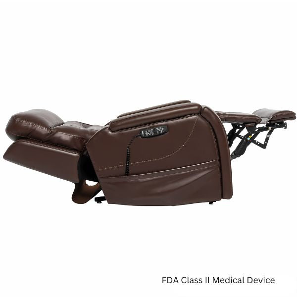 Pride Mobility VivaLift Premier Lift Chair PLR-5900 in Sorrento Coffee Fabric  Side View with the Headrest Reclined and the Foot Rest Raised