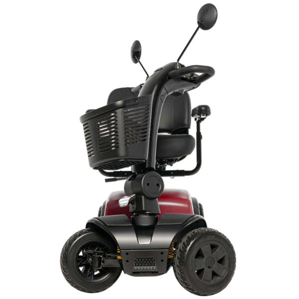 Pride Victory Platinum 4-Wheel Mobility Scooter in Cardinal Red Color Front View with the Front Wheels in a Twist Ready to Turn a Corner