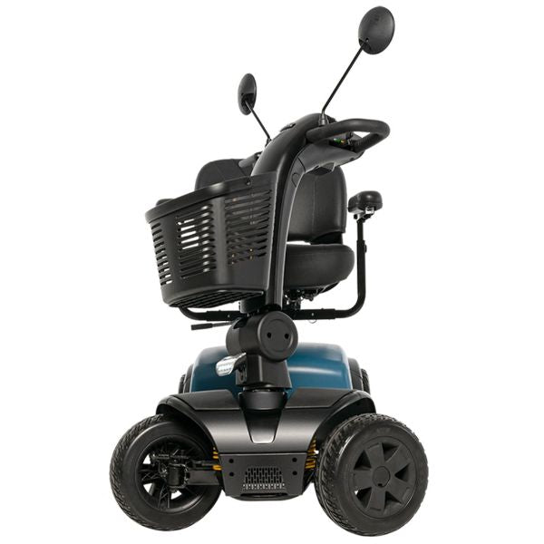 Pride Victory Platinum 4-Wheel Mobility Scooter in Iceberg Blue Color Front View with the Front Wheels in a Twist Ready to Turn a Corner