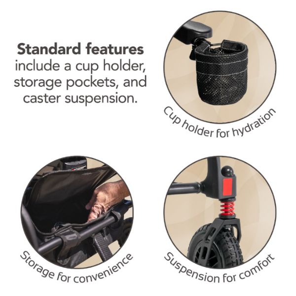 Rascal Carbon Cruiser Folding Power Wheelchair Showing the Cup Holder, Storage and Suspension
