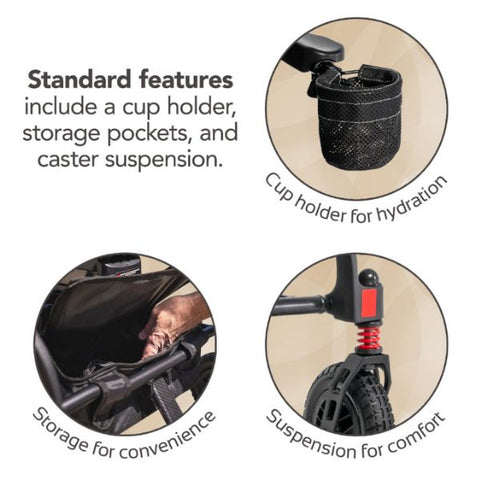 Rascal Carbon Cruiser Folding Power Wheelchair Showing the Cup Holder, Storage and Suspension