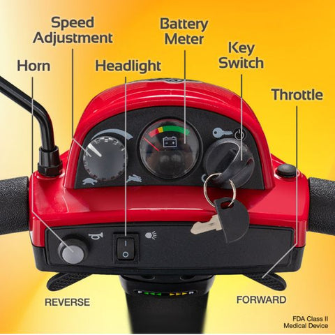 Rascal Conquest 3-Wheel Portable Mobility Scooter Showing Parts of the Controller