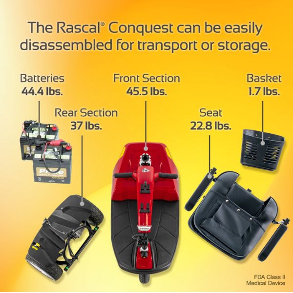 Rascal Conquest 3-Wheel Portable Mobility Scooter Disassembled into Parts