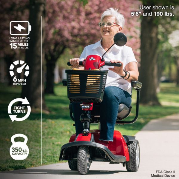 Rascal Conquest 3-Wheel Portable Mobility Scooter with a Woman Riding on it