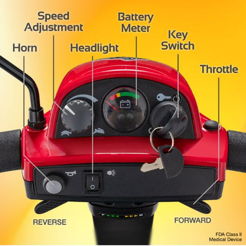 Rascal Conquest 4-Wheel Portable Mobility Scooter Showing the Control Parts