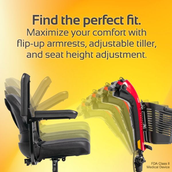 Rascal Conquest 4-Wheel Portable Mobility Scooter Showing the Adjustable Tiller and Seat 