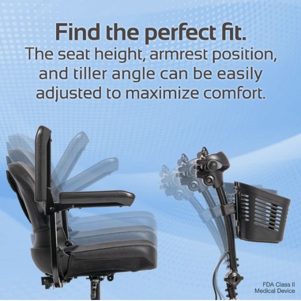 Rascal Venture 3-Wheel Portable Mobility Scooter Showing the Adjustable Tiller and Seat